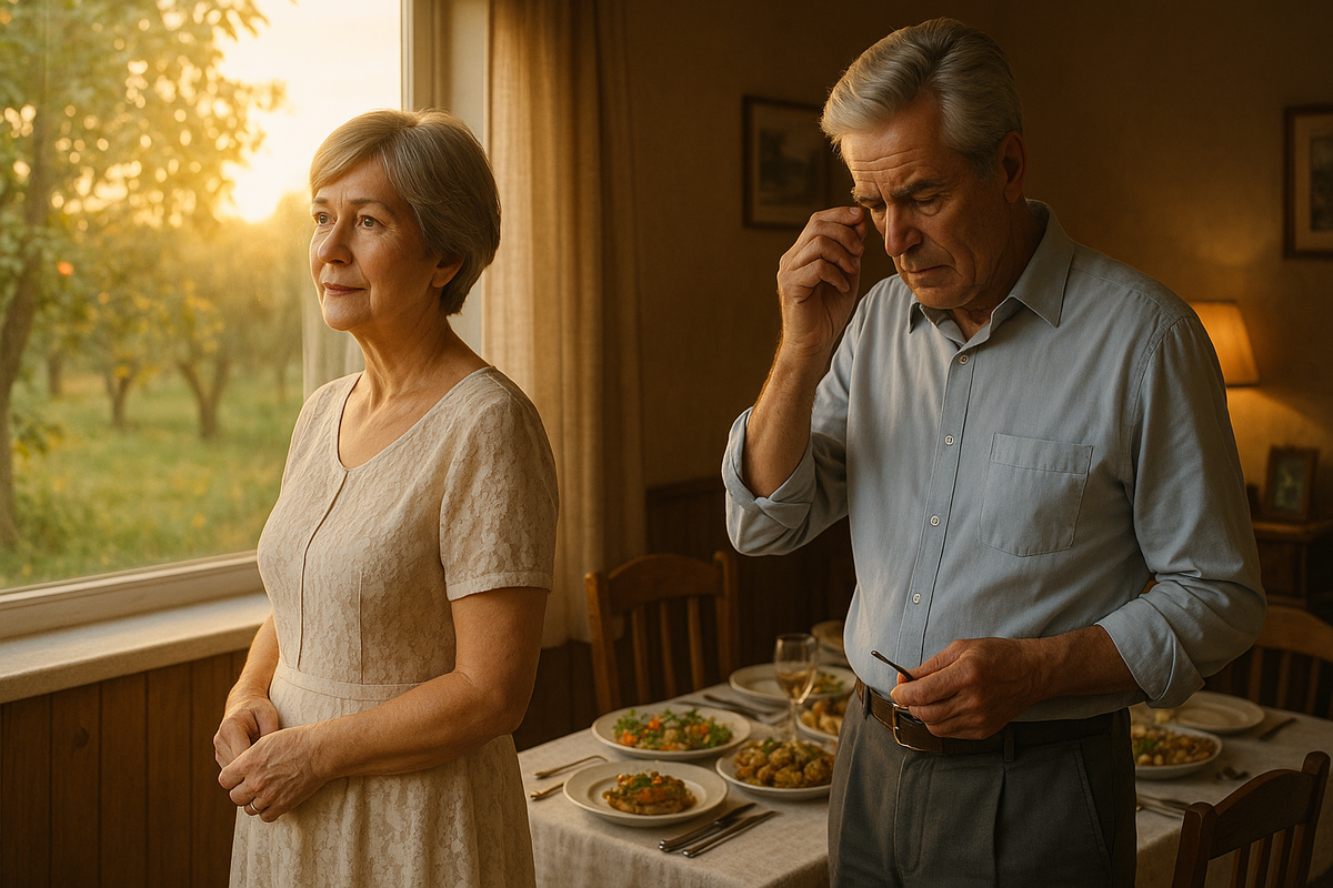 Пожилая женщина в светлом платье стоит у окна загородного дома, глядя на сад с яблонями, освещённый мягким светом заката. Рядом мужчина в рубашке ищет очки, в руках у него оправа. На столе за ними — праздничные блюда, атмосфера — тёплая, задумчивая, ностальгическая.