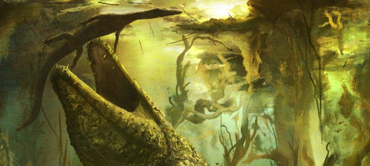 Якстазух (сверху) уплывает от Мастодонзавра (снизу).