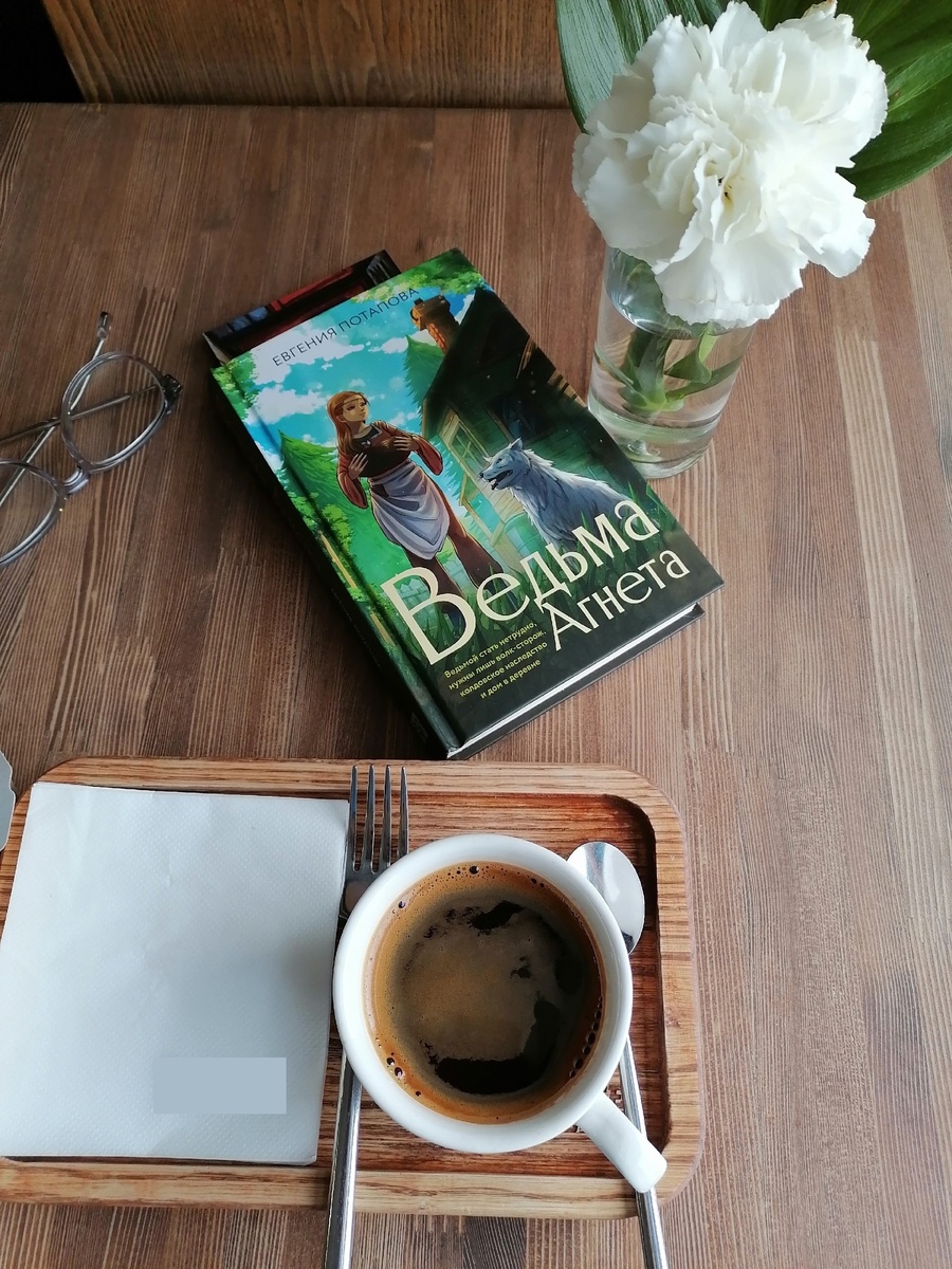 Серия "Ведьма Агнета" написана легко, читается быстро, многие её моменты можно использовать в качестве книготерапии (библиотерапии) - это направление когнитивно-поведенческой арт-терапии, когда лечение происходит посредством прочтения и (обязательно) последующего обсуждения содержания книги со специалистом по ментальному здоровью. Фото авторское, сделано 7 мая 2025 года в кафе: сидел, пил Американо и читал.