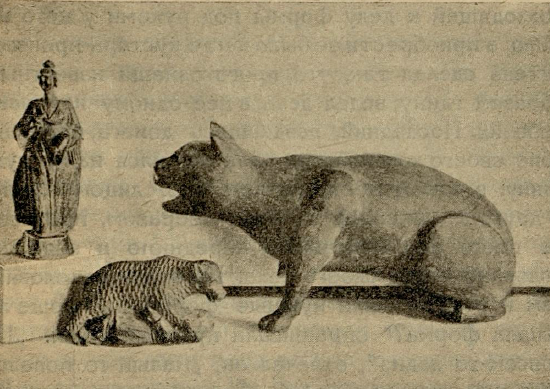 Кошка и медведь, подмявший крестьянина. Сбоку символическая резная и раскрашенная фигурка "Лето" с серпом и снопом, которая относится, по всей видимости, к концу XVIII - началу XIX века 