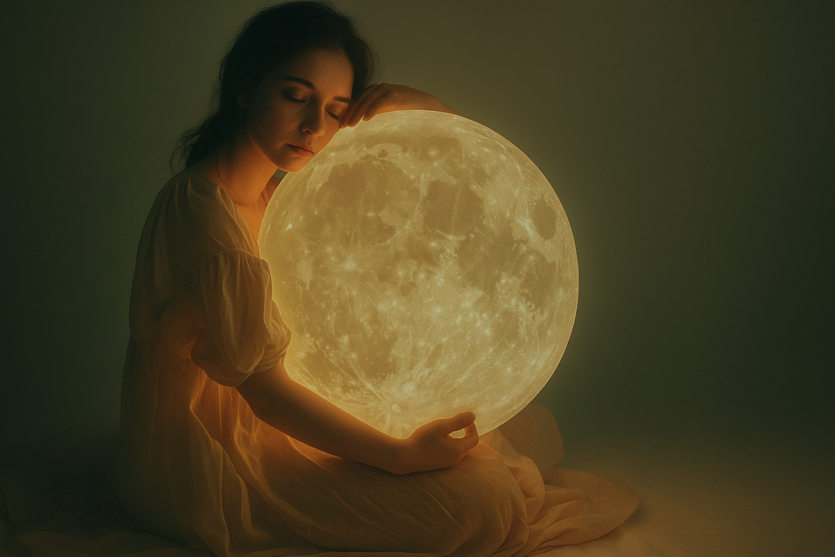 Женщина в тени обнимает светящуюся Луну — символ принятия себя, внутренней силы и тишины. Победа быть собой без борьбы.