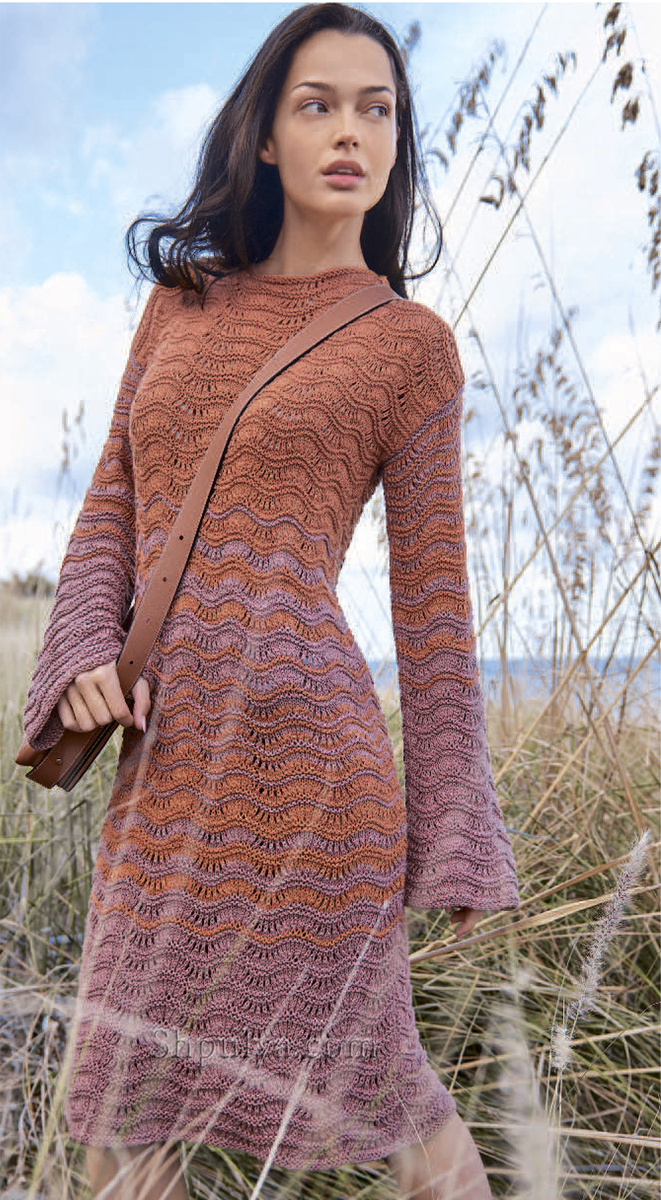 Платье с узором «Павлиний хвост» и с модными рукавами-раструбами