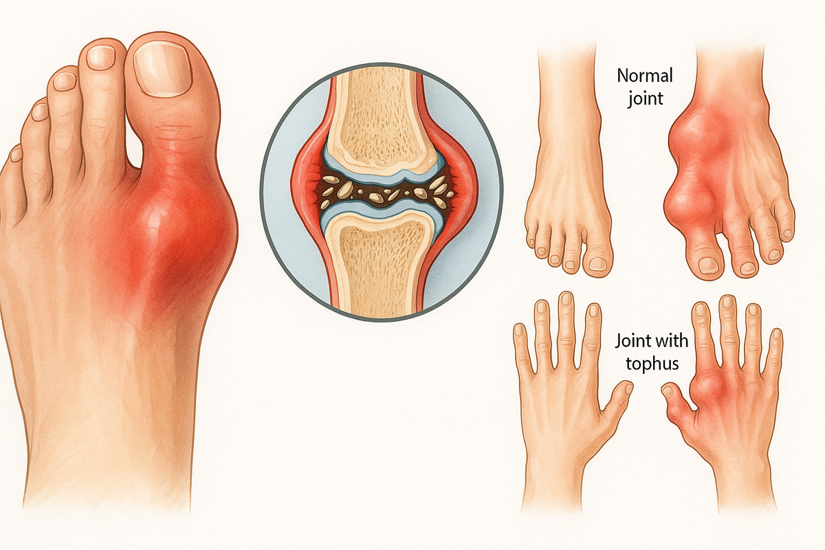 Отложение кристаллов моноурата натрия в суставе