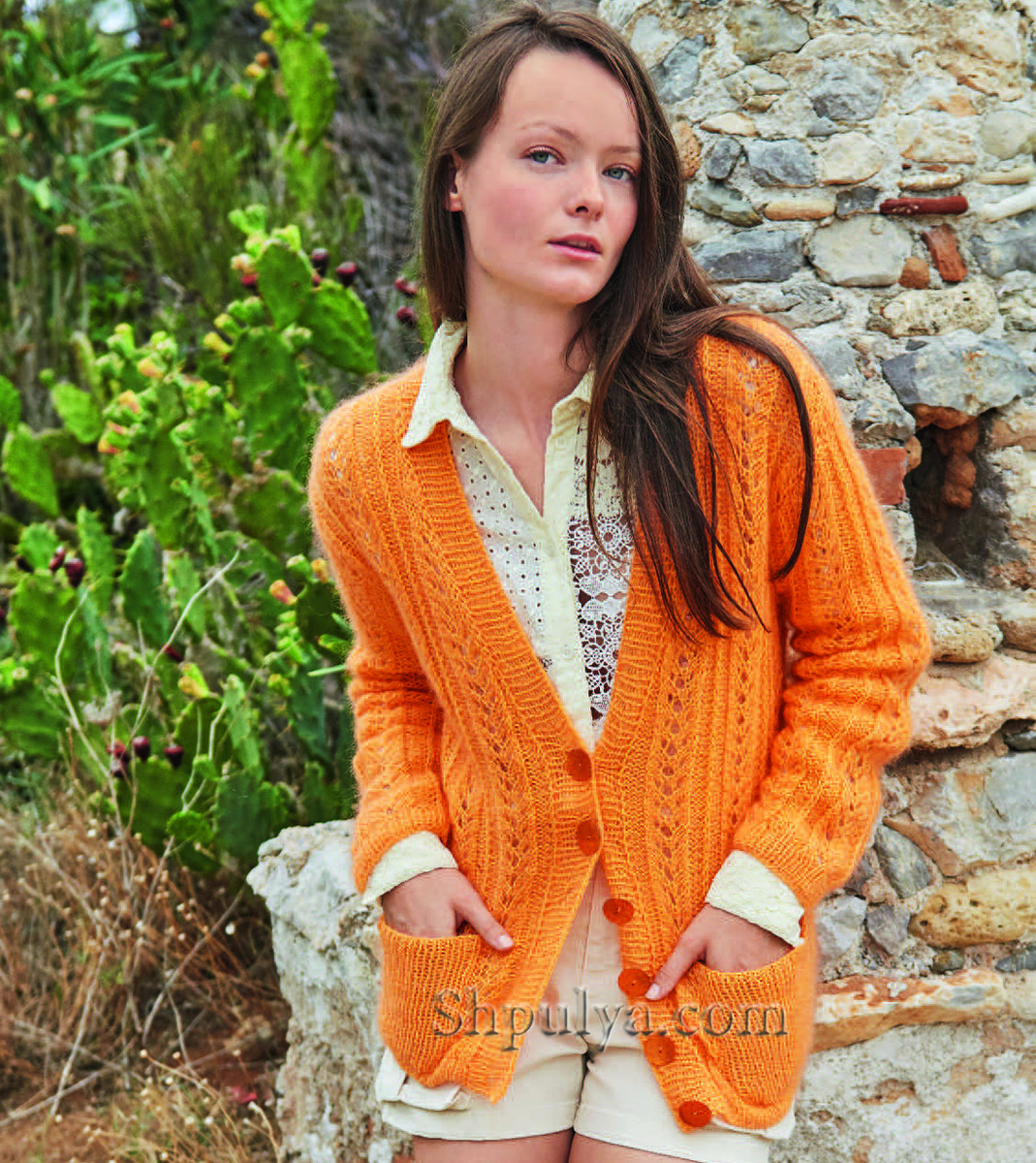 Кардиган с карманами из мохера цвета тыквы