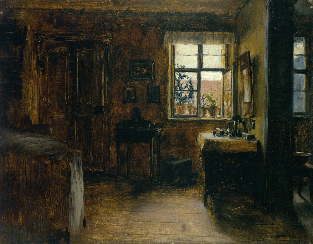 Надпись, дата и инициалы (на обороте оригинального картона):
Гостиная торговца книгами, нарисованная мной по памяти летом 1848 года, после того как мне пришлось сидеть в ней одному и ждать, пока мужчина вернется домой из-за старой книги. А. М. 