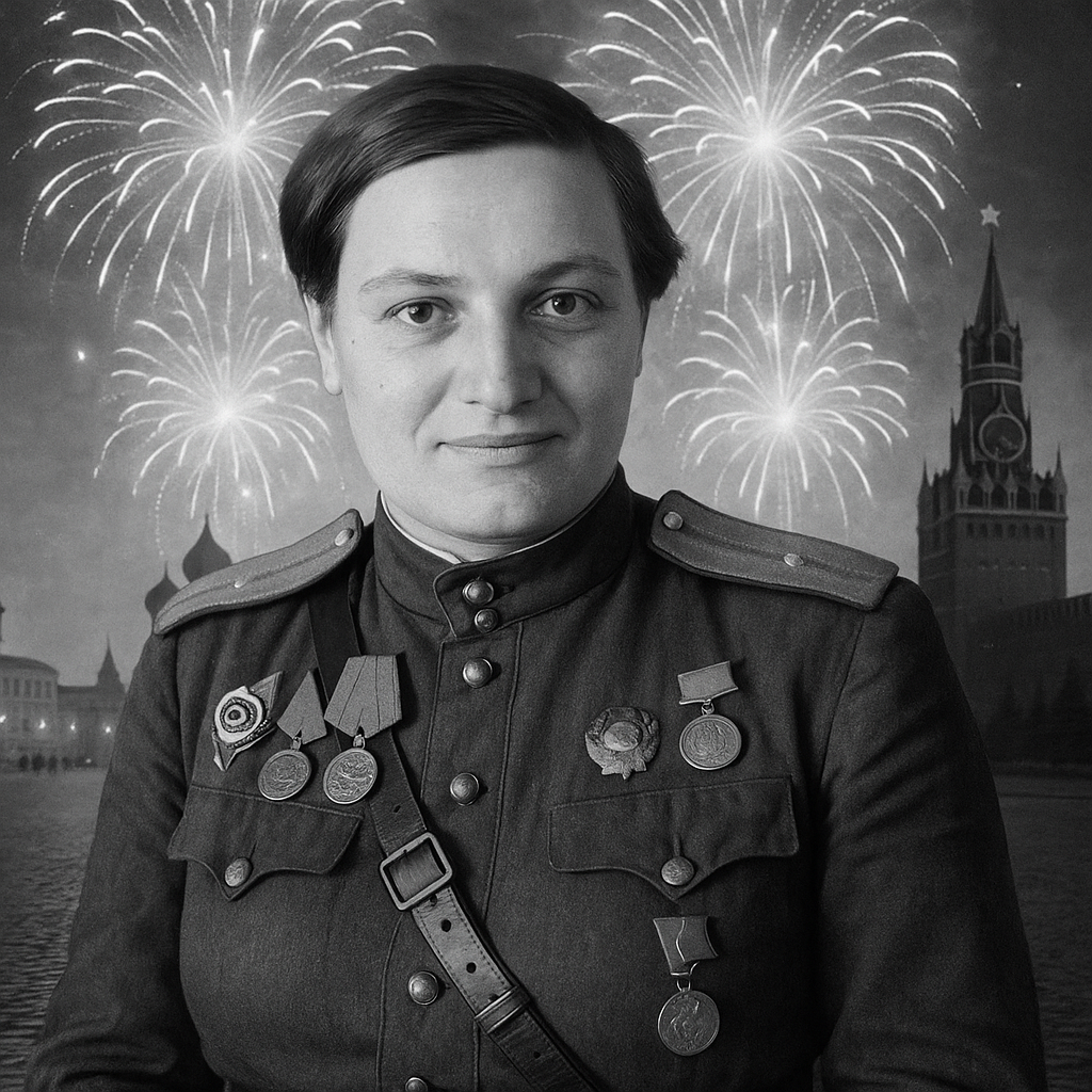 Людмила Михайловна и салют на Красной площади, фото создано ИИ