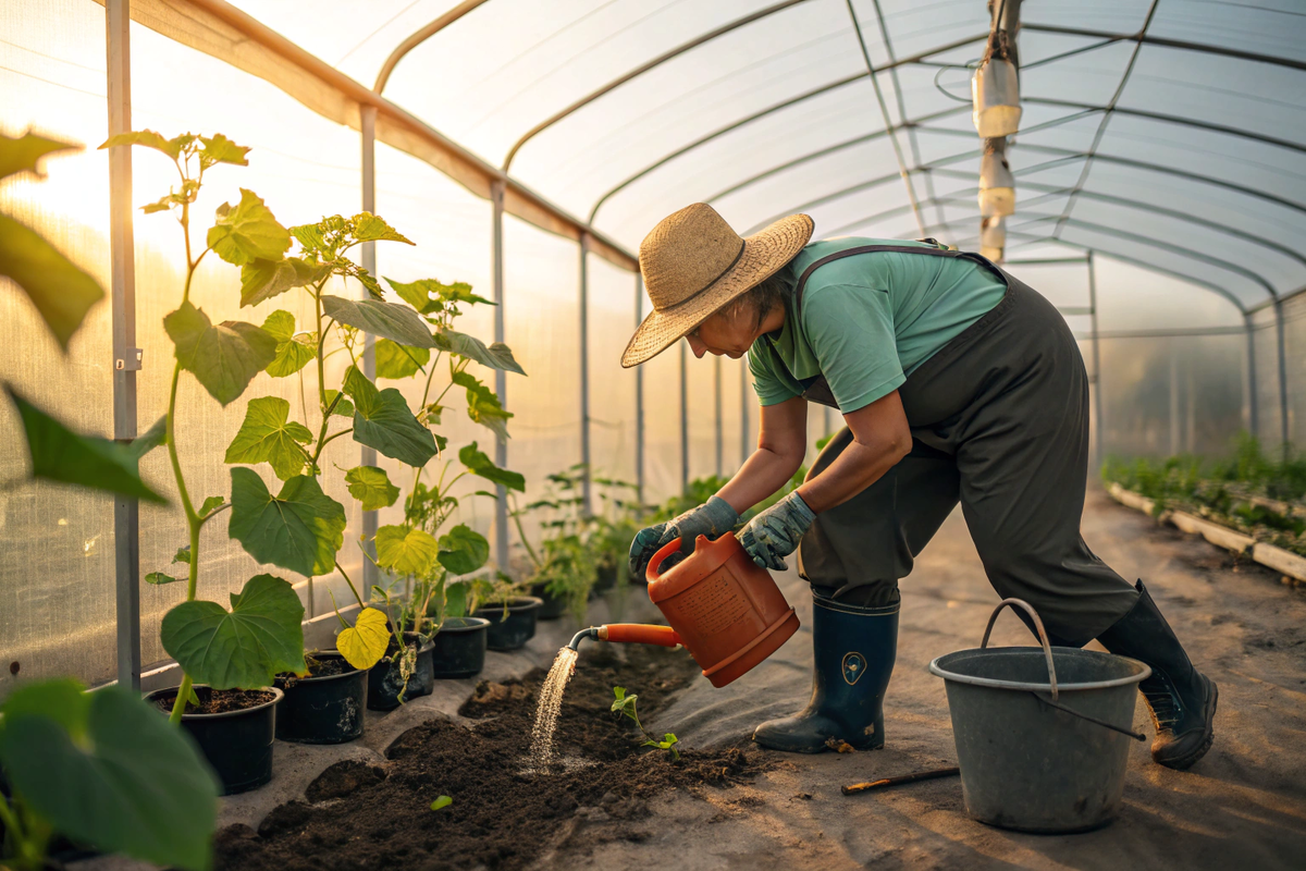 Стартовая подкормка огурцов: мочевина + коровяк для мощных плетей и завязей.