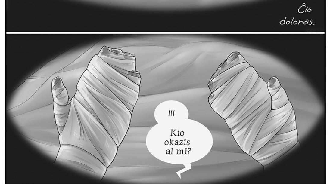 Кадр из Эсперанто-версии научно фантастического комикса "Дары бродячих льдов" на сайте mildegard.ru