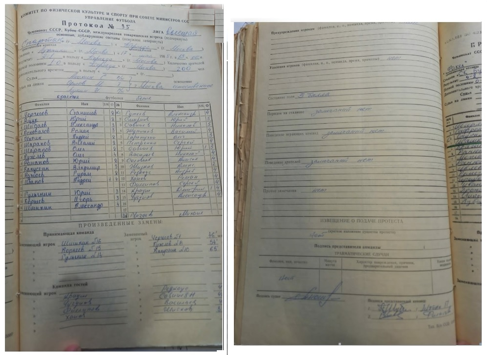 Протокол встречи дублирующих составов "Спартак" (Москва) - "Торпедо" (Москва). Фотокопию предоставил Н.И. Владимирцев. См. ГА РФ. Ф. Р-7576. Оп. 34. Д. 1179. Коллаж автора ИстАрх.
