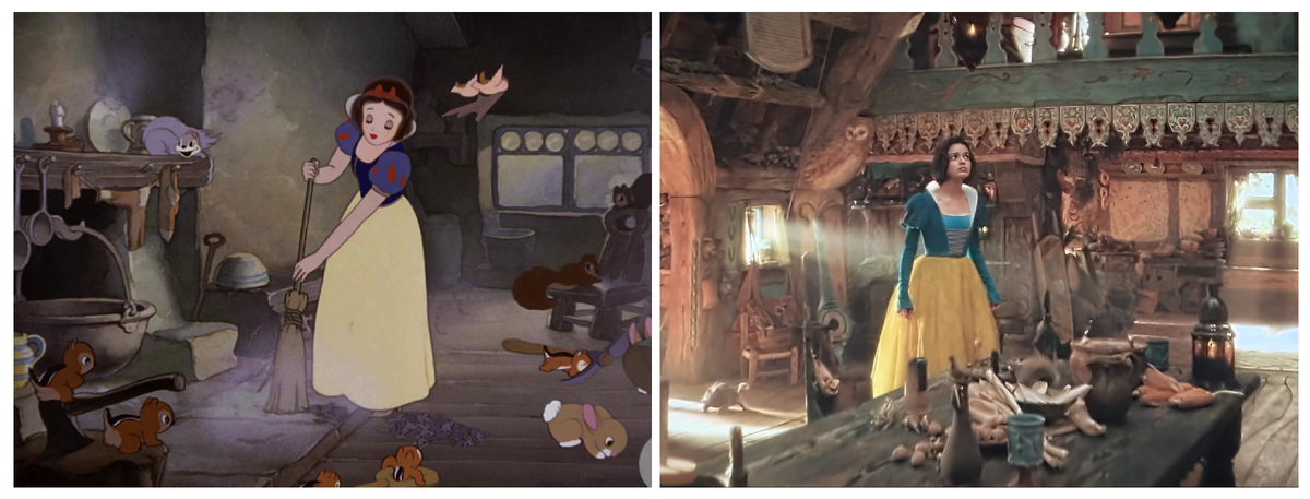 «Прогрессивные» авторы переписали сюжет в ущерб логике: в оригинале Белоснежка помогла гномам по дому, в надежде, что они её не выгонят, и те в свою очередь ответили ей добром на добро. Простой, понятный посыл. Буроснежка же просто вторгается в чужое жильё и, как в порядке вещей, валится спать. (Устала? От чего — сбора яблок?..) А потом ещё и заставляет гномов наводить порядок самим. А они, по какой-то причине, умоляют её остаться.