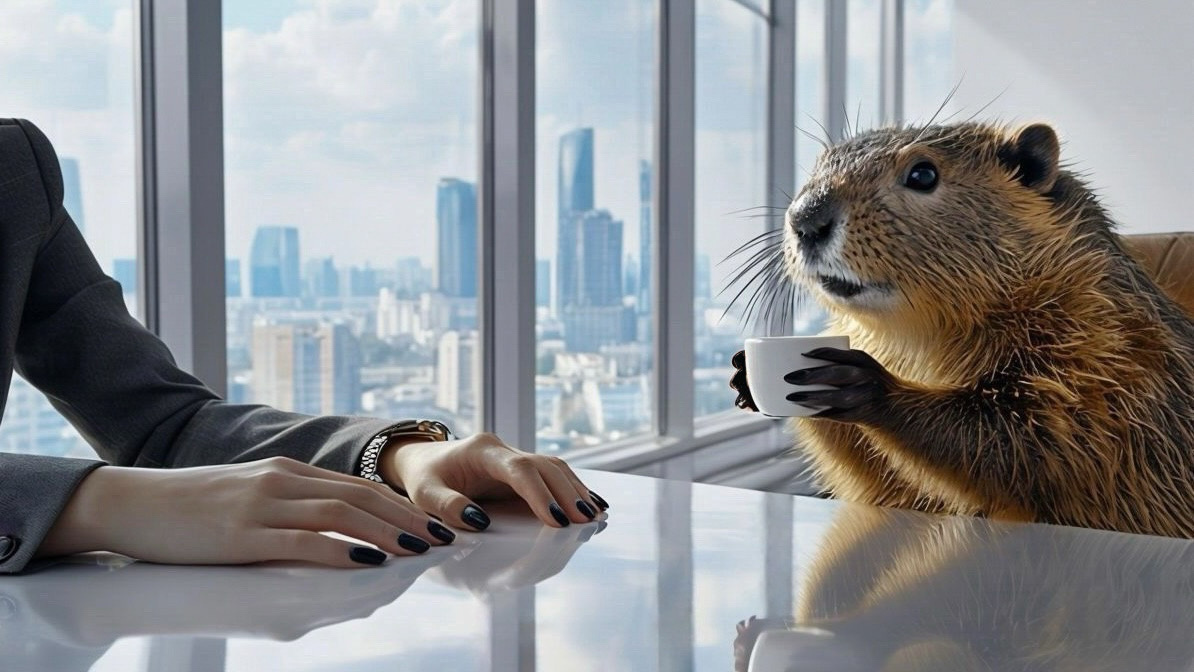 Иллюстрация «сидим с бобром за столом — рассуждаем на тему» создана ИИ