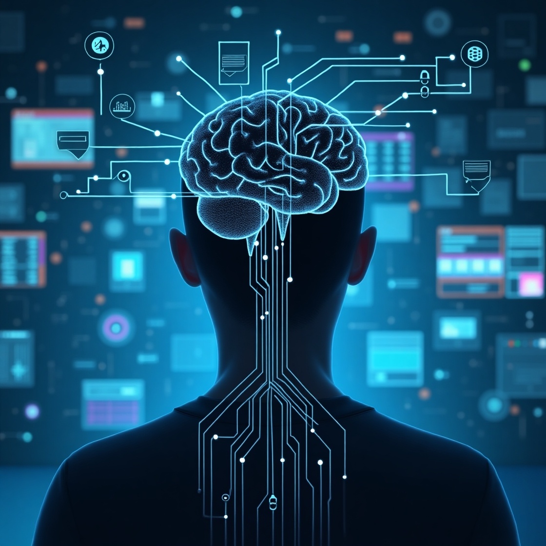 Футуристичная иллюстрация человека с нейроинтерфейсом, мозг подключён к цифровому интерфейсу, визуализируются мыслительные волны, преобразуемые в команды на экране, в высокотехнологичной лаборатории.