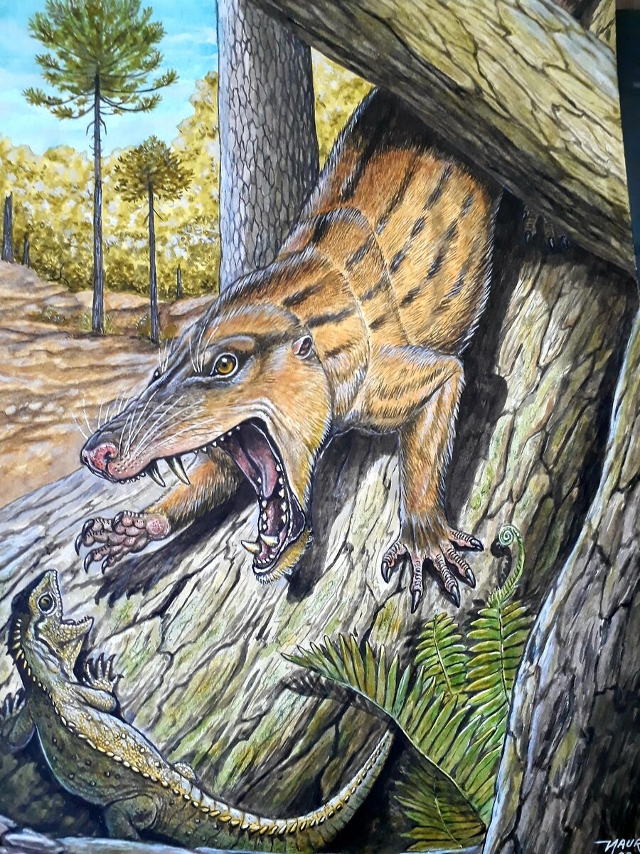 Канделариодон охотится на клевозавра (ринхоцефального лепидозавра из позднего триаса – ранней юры).