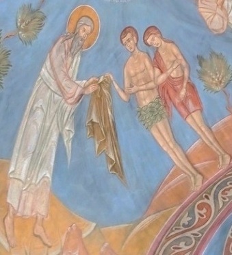 Адам и Ева получают кожаные ризы после грехопадения. Современная роспись. Храм Святой Троицы. Москва.