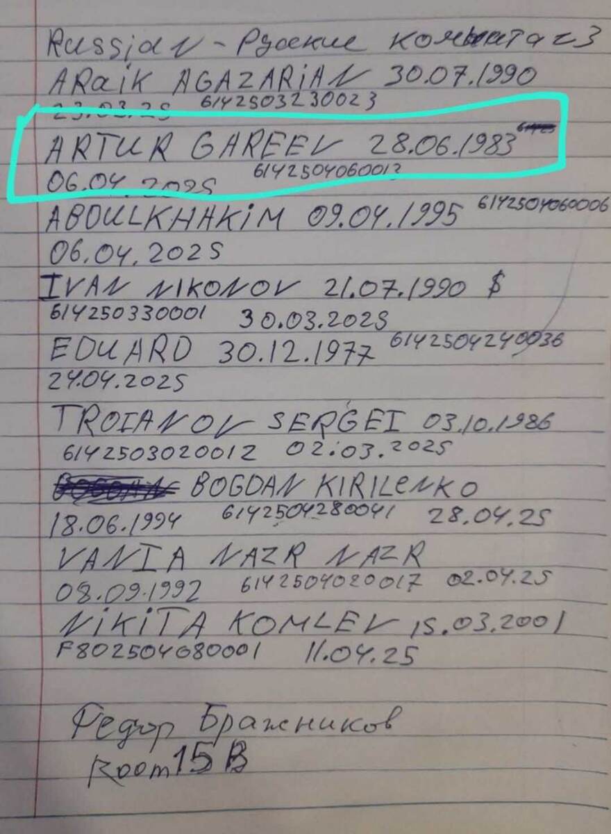В зеленой рамочке имя арестанта. 