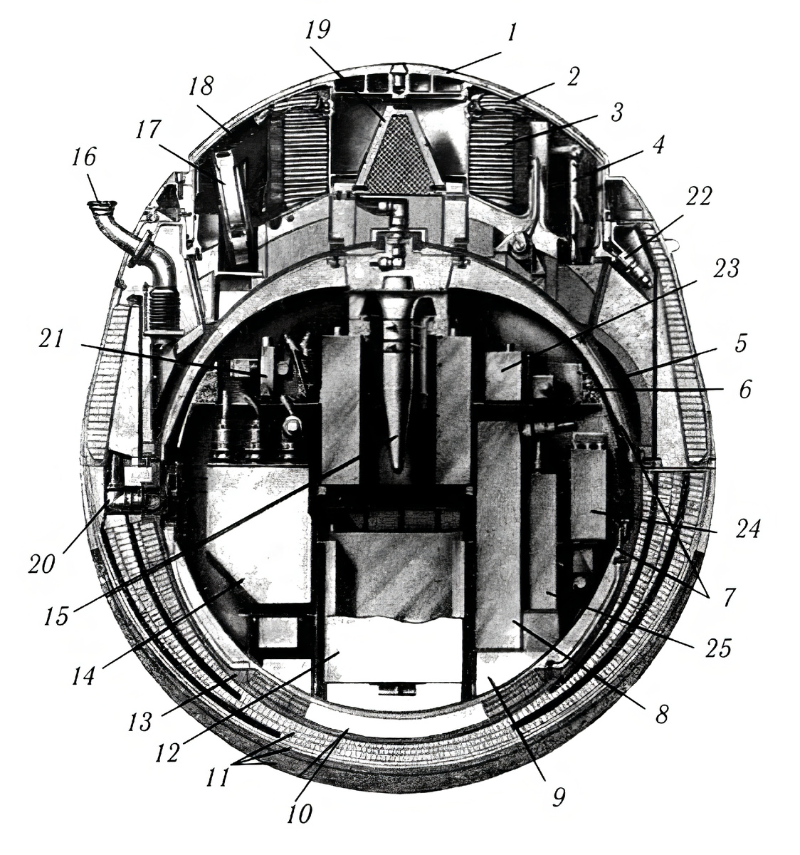 Принципиальная схема спускаемого аппарата “Космоса-482”. Цифрами отмечена различная научная аппаратура и системы, необходимые для посадки и передачи данных. Изображение из “Большой Советской энциклопедии”, 1973 г.