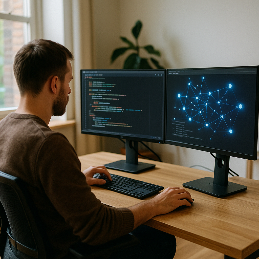 Разработчик за рабочим столом смотрит на два монитора — на одном открыт код, на другом сияющий граф изменений, отражающий работу ИИ-агента; естественное дневное освещение, реалистичная атмосфера.
