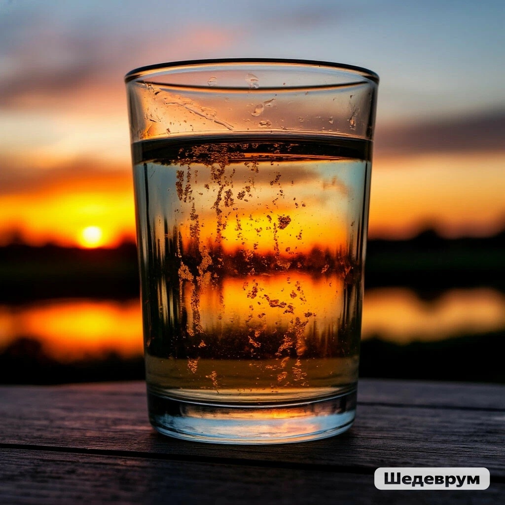 Фото **перевёрнутого стакана** с мутной водой на фоне рассвета