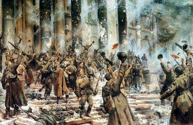 "Победа", Художник П. А. Кривоногов, 1948. (Участник войны, дошёл до Берлина. День победы встретил у поверженного Рейхстага).

