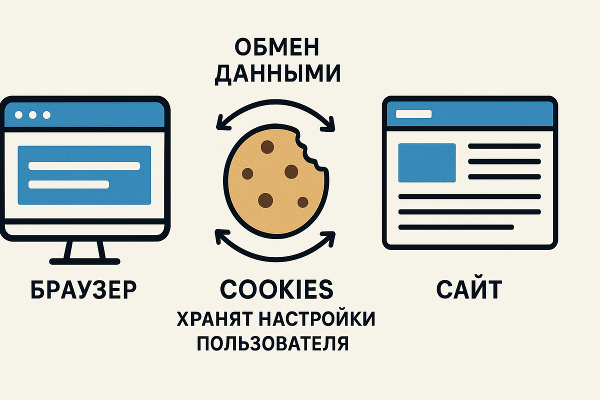 схема работы cookie — браузер, сайт, обмен данными