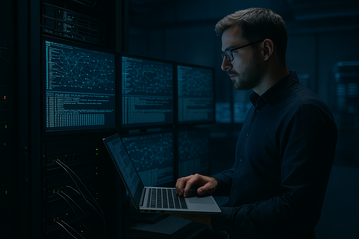  Специалист по кибербезопасности в тёмном серверном зале анализирует необработанные сетевые пакеты на нескольких экранах, визуализируя трафик ещё до шифрования благодаря eBPF-агенту.