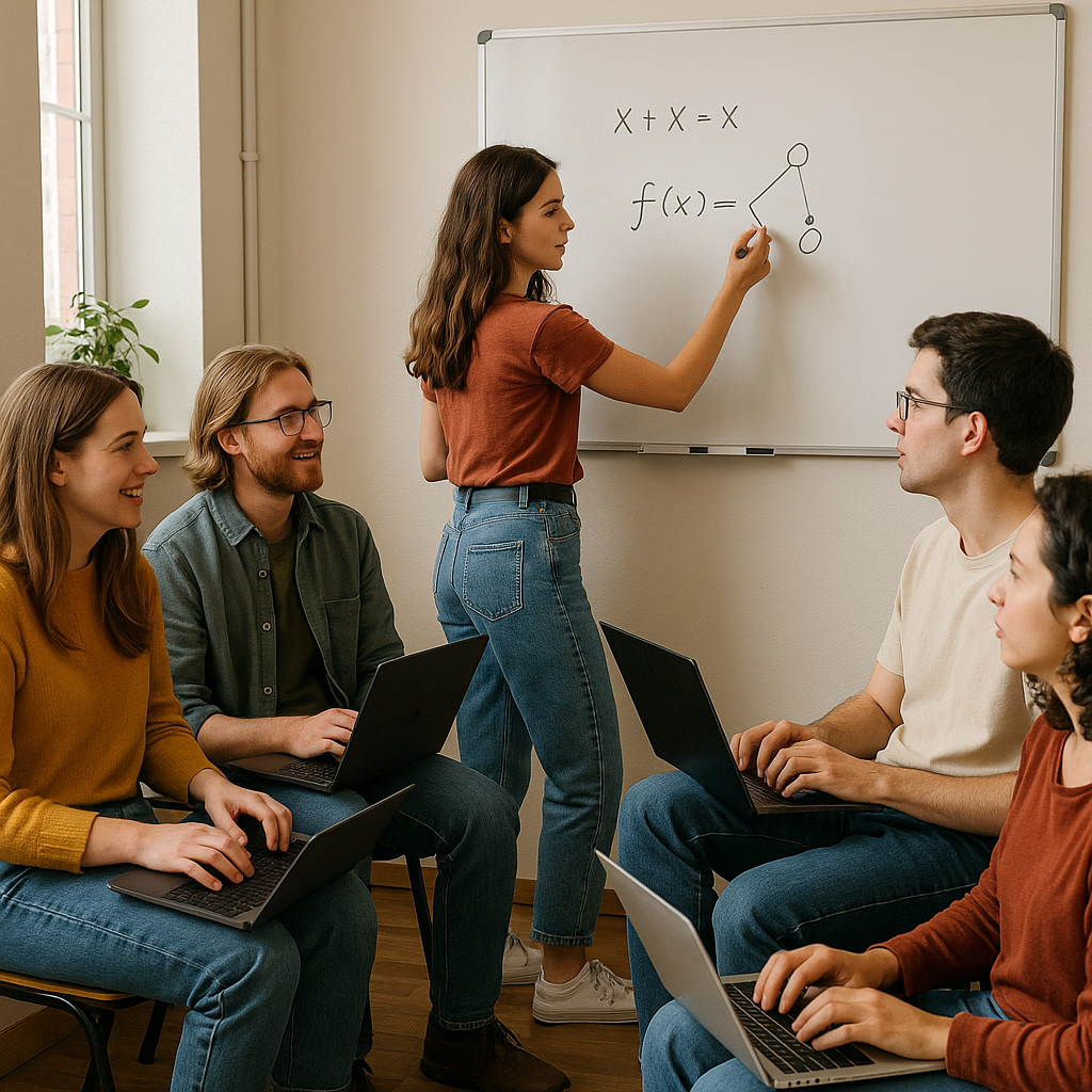 Группа друзей с ноутбуками проводит импровизированное занятие у домашней доски — неформальная, тёплая атмосфера совместного обучения без лишней бюрократии.