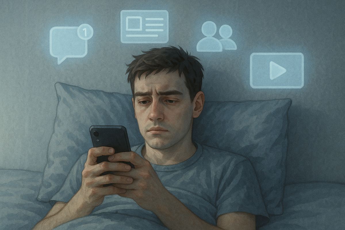 Молодой человек в кровати с телефоном, окружённый визуальными символами перегрузки — новости, уведомления, соцсети. Иллюстрация к теме цифрового изобилия.

