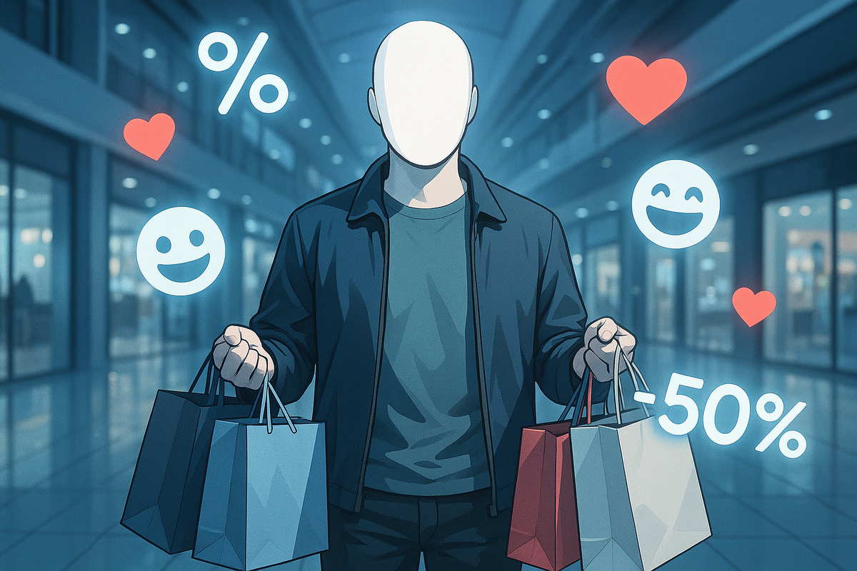 Покупатель в торговом центре с пакетами и пустым взглядом. Вокруг — яркие символы скидок и эмоций. Иллюстрация к дофаминовой ловушке потребления.
