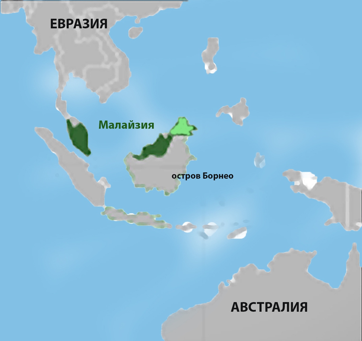 Зелёная территория Малайзии. Слева материковая часть. Справа та, что расположена на острове Борнео (Калимантан). Она состоит из двух частей. Одна - Саравак. А светло-зелёным выделена вторая -  Северное Борнео. 