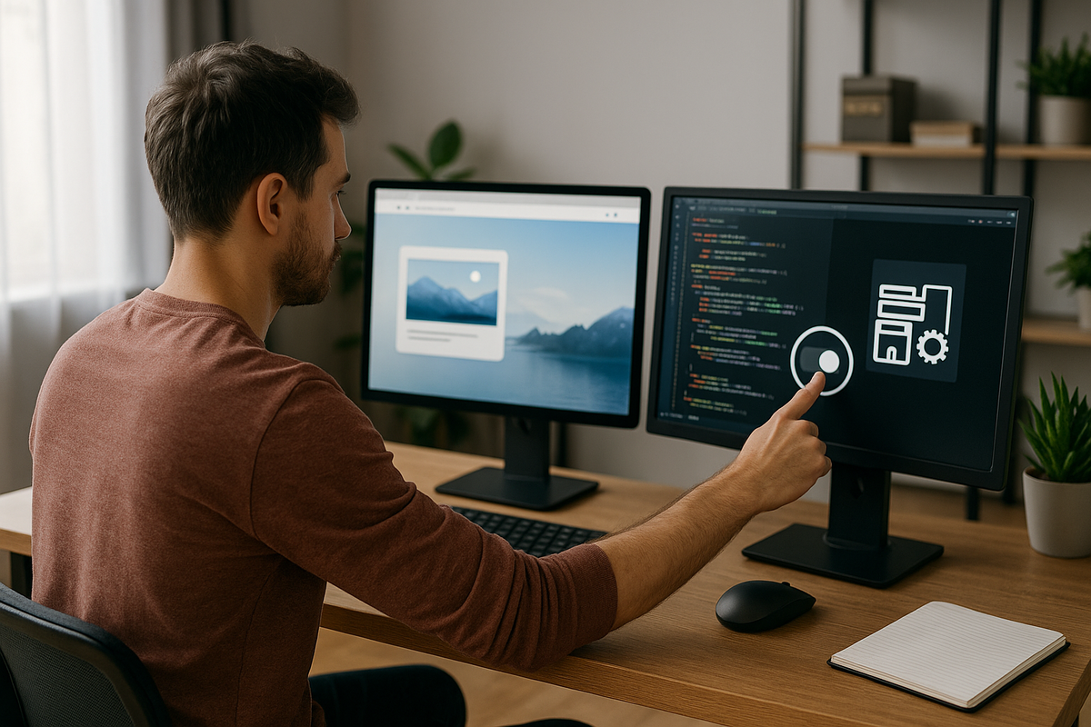 Веб-разработчик в домашнем офисе переключает «тумблер» на одном из двух мониторов: слева виден статический сайт, справа — динамический код и значок шестерни, символизирующие гибридный выбор между статикой и сервером