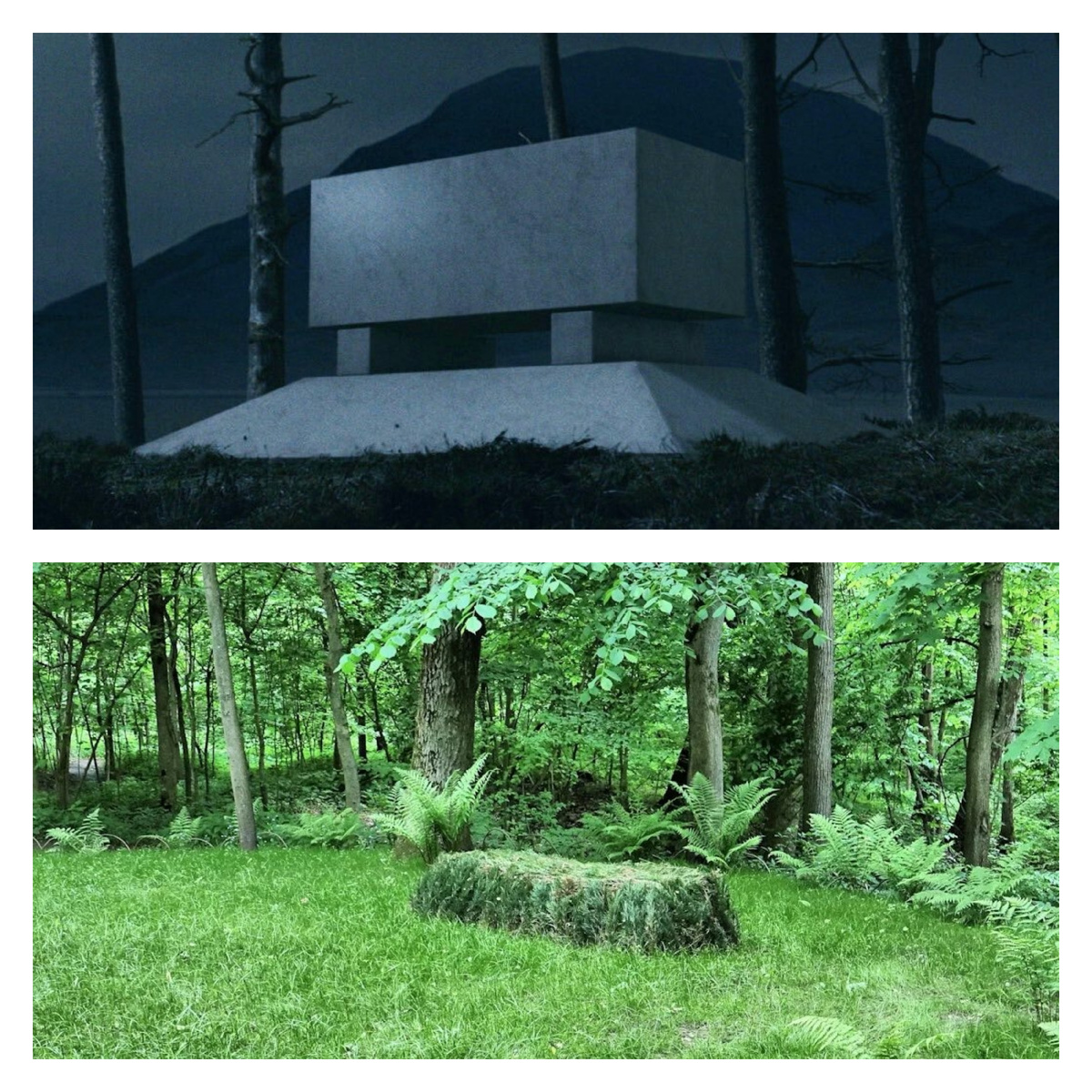 Коллаж: могила профессора Дамблдора (кадр из фильма «Дары смерти»)/ могила Льва Толстого в Ясной Поляне