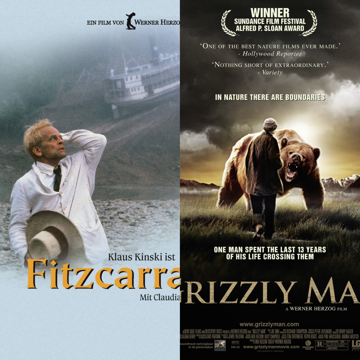 Постеры к фильмам “Фицкарральдо”, “Человек-гризли”.