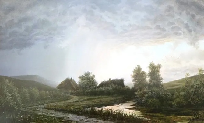 Павел Гречишкин. Дождь. Село Татарка. 1948.  Холст, масло. 80 х 130. Ставропольский государственный музей-заповедник