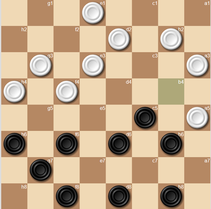 1… de7?? (1...fe5 3.hg5 ed4 4.ef2 a5 5.bc3 6…e5 7.e1x) 3.e3 4.b4 5.h8 e3 6.h4 d6 7.b2 g7! 8…c5=