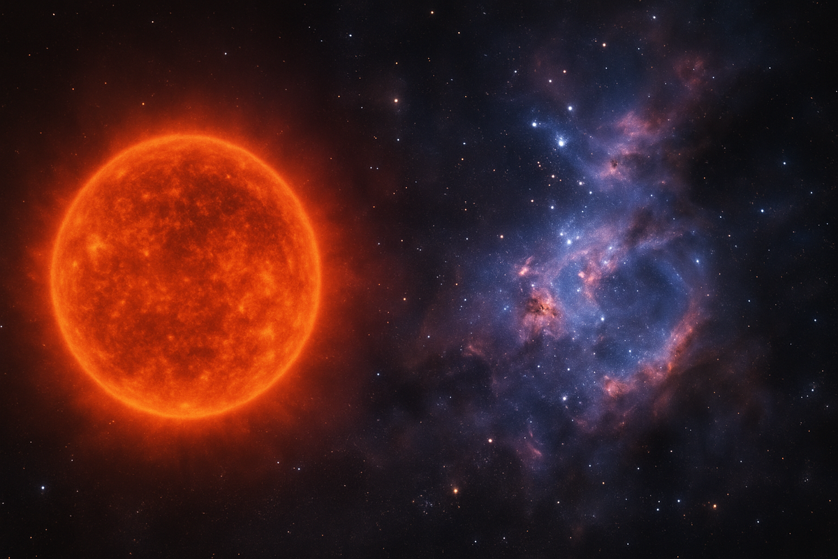 Художественное изображение звезды Бетельгейзе на фоне туманности Ориона