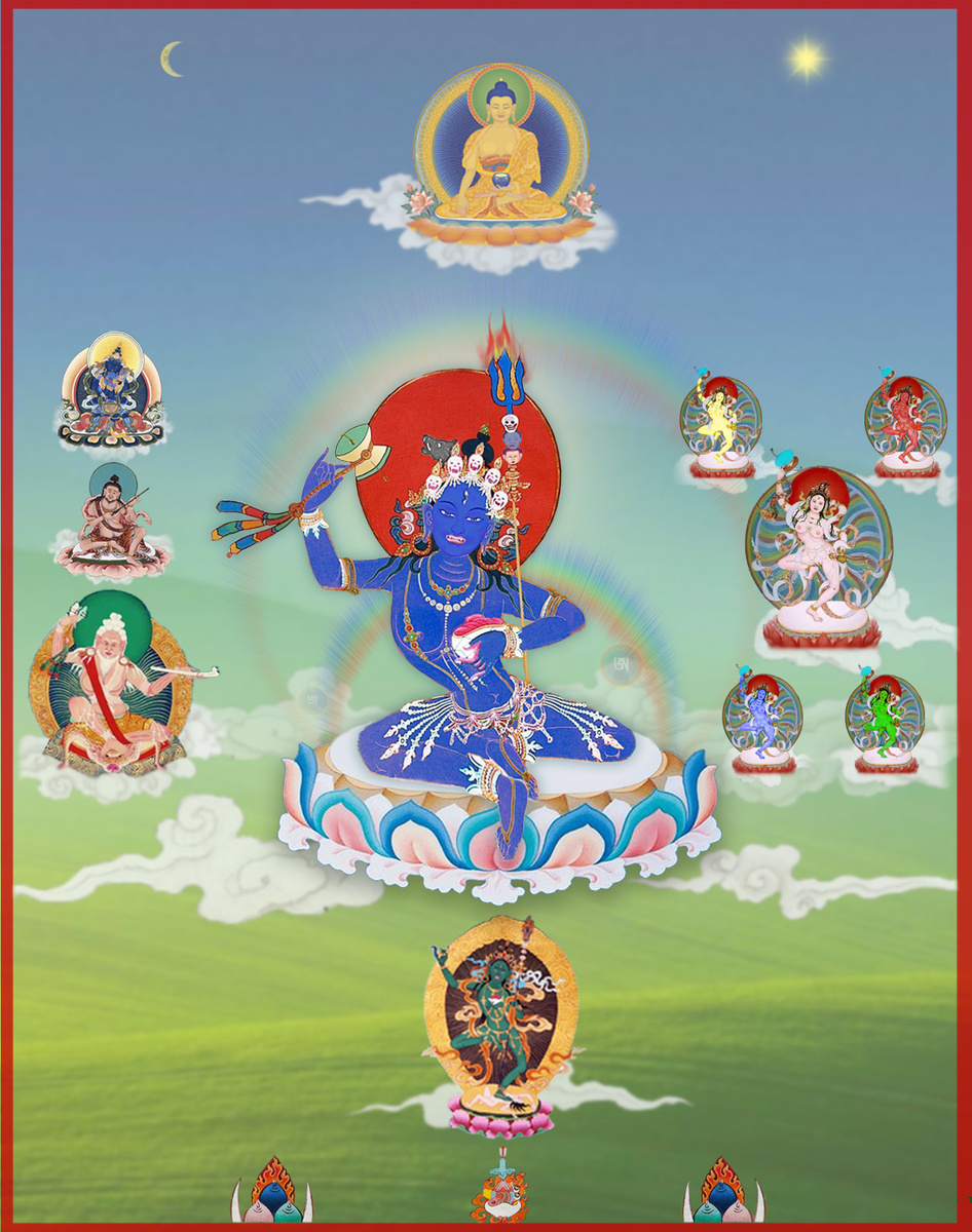 В центре темно-синяя Мачиг Лабдрон / Machig Labdron / མ་གཅིག་ལབ་སྒྲན་