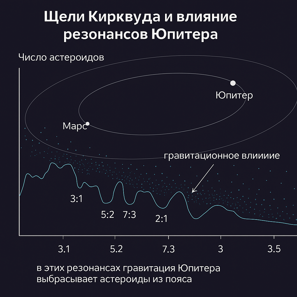 Инфографика с пояснением щелей Кирквуда и влияния резонансов Юпитера