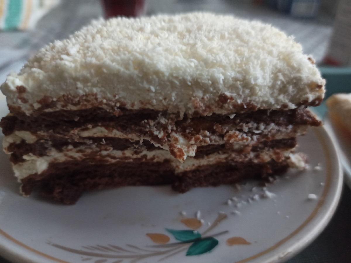 Кусок небольшой домашнего тортика ,,тирамису"(рецепт ниже оставлю)