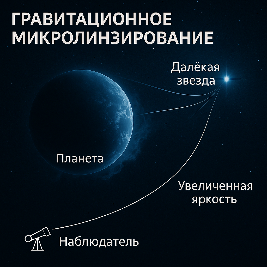 Схема микролинзирования — как планета искажает свет далёкой звезды, проходя на переднем плане