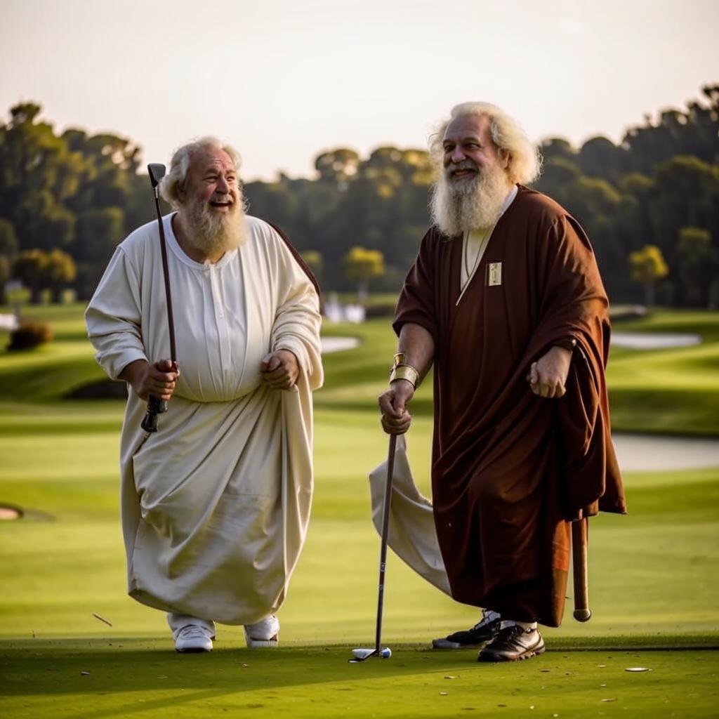 Карл Маркс, играющий в гольф с Сократом в интерпритации AI. 