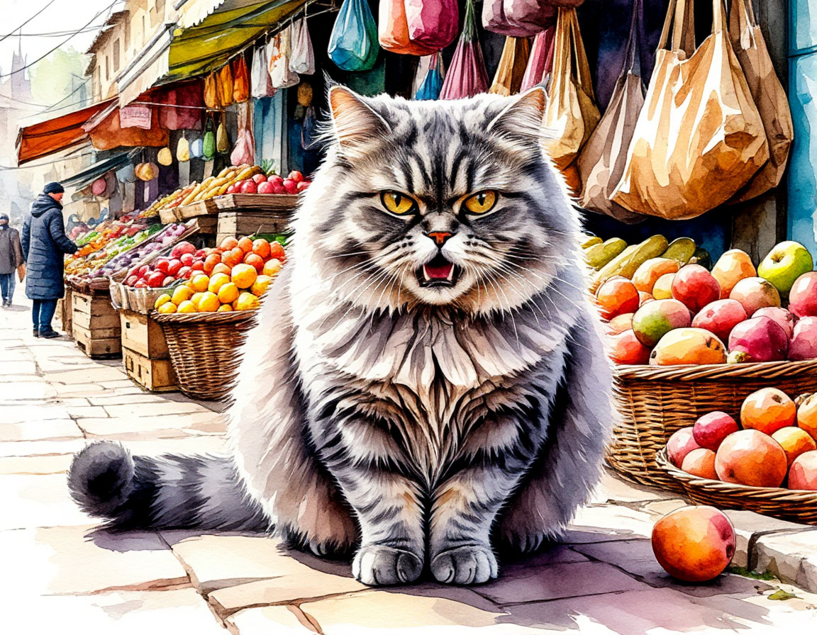 «Сердитый кот на базаре» — Иллюстрация, созданная нейросетью и обработанная при помощи графической программы.