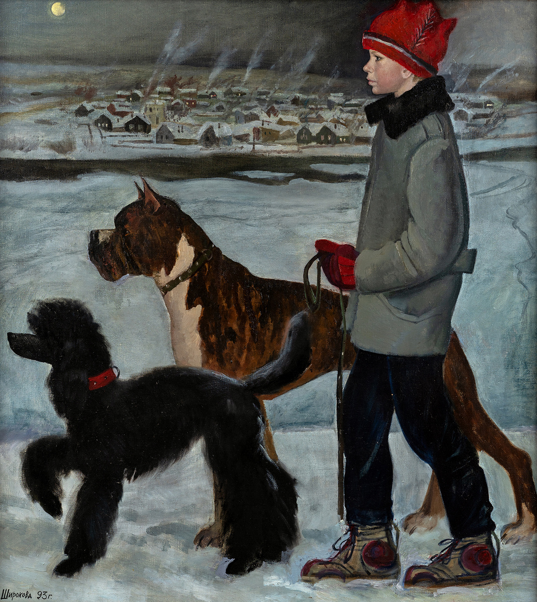 © Инна Широкова. К вечеру. Вова с нашими собаками. Холст, масло. 120х110 см. 1993 г.