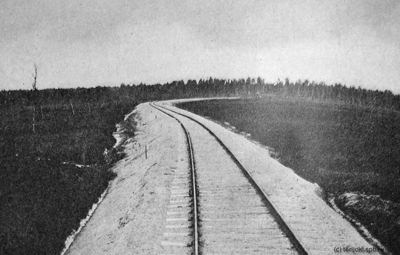 Болото Линтусуо недалеко от ст. Хейнйоки. Для укладки земляного полотна здесь была произведена предварительная выемка заболоченного грунта. Фото 1929 г. из книги «Valtionrautatiet. 1912-1937»