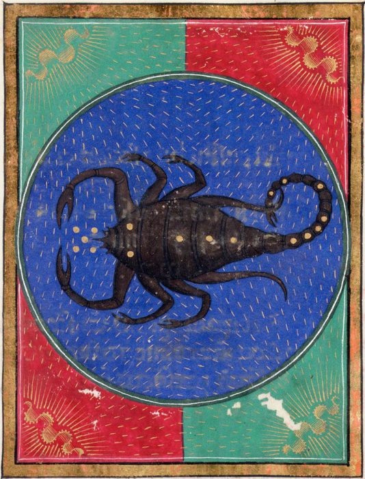Изображение Скорпиона в миниатюрной книге "Book of Hours". 1473 г. Изображение взято с https://www.finestresullarte.info