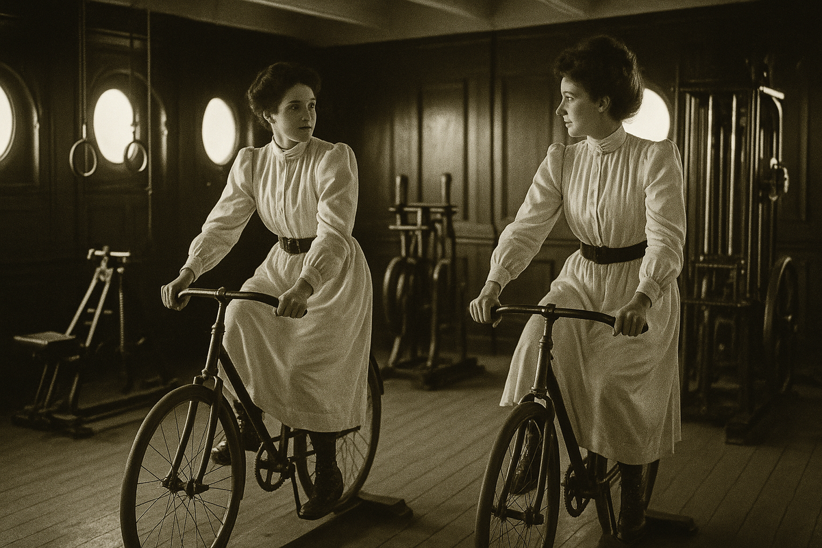 Женская тренировка на борту “Титаника”: пассажирки первого класса занимаются на велотренажёрах в строго отведённое дамское время — мода на здоровье задолго до фитнес-клубов