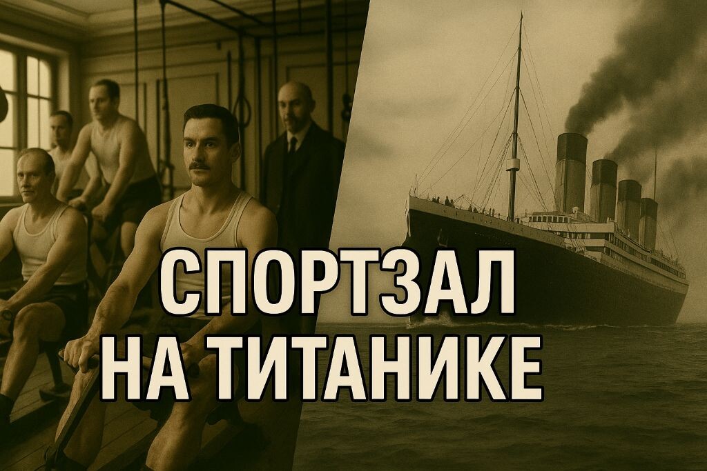 Слева — элитный спортзал “Титаника”, где пассажиры первого класса отрабатывали греблю и велозаезд. Справа — сам лайнер, отправляющийся в своё первое и последнее плавание. Символ прогресса и обречённой роскоши