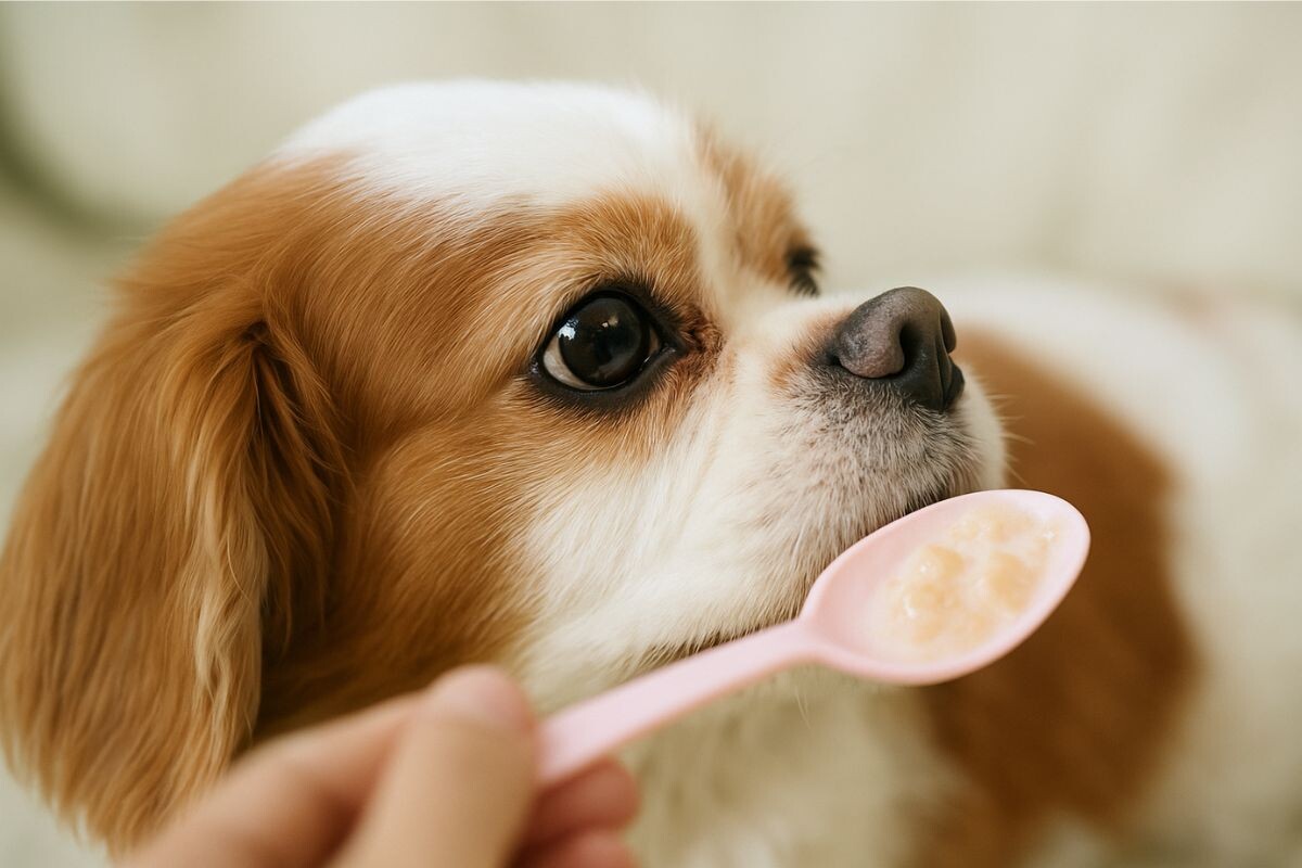 Собака ест кашу 