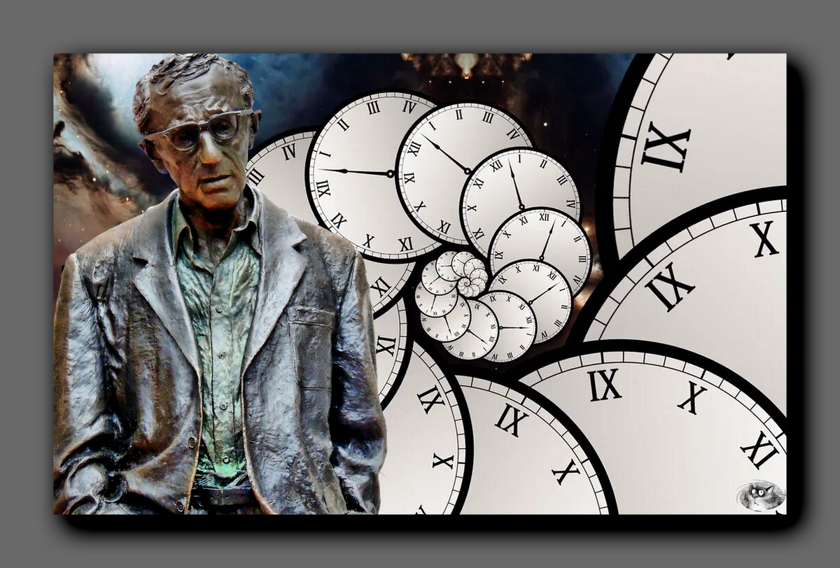 В коллаже - бронзовая скульптура Вуди Аллена в натуральную величину, которую установили в 2005-м в испанском городе Овьедо