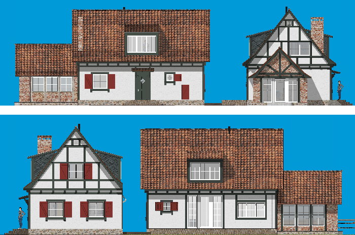 Фасады "правильного" типового дома на 1 семью из 3 человек 7.0 х 10.0 м. с имитацией фахверка. Региональное применение.