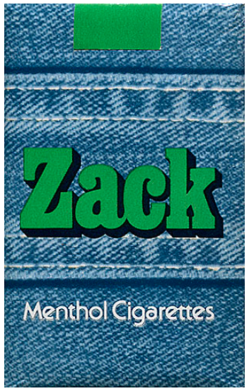 "Zack" Menthol. США, 1974 год. 20 штук с фильтром в мягкой упаковке. Производитель: "Lorillard". Владелец торговой марки: "Lorillard".